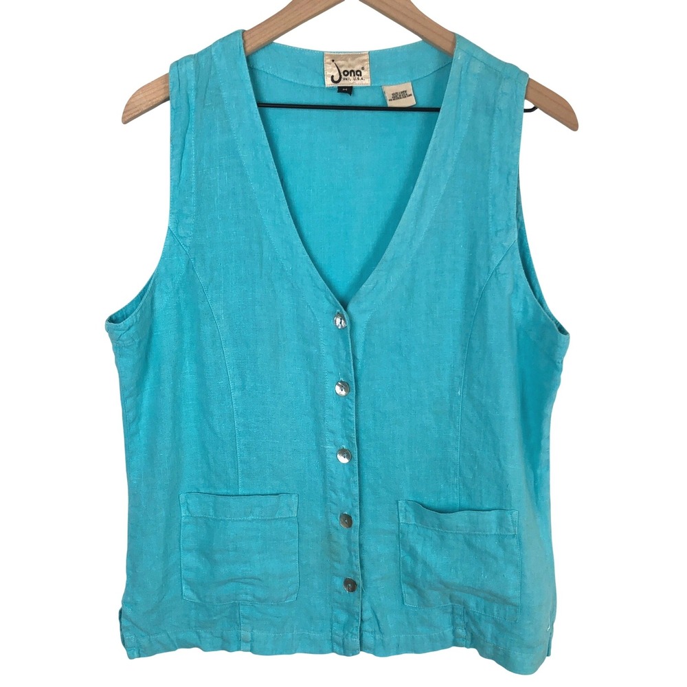 VTG JONA Vail USA 100% Linen Button Front Vest Top Women's M Turquoise Blue